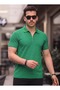 David Men's Zippered Polo Collar Cotton Fabric Green Short Sleeve T-Shirt - 2