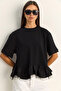 Women's Black Tulle Detailed Flounce Oversize Basic T-Shirt 8789 60286165