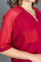 Women's red washed organic cotton linen fabric tunic shirt with mesh shoulder and pocket detail, elbow sleeve. - 4