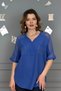 Women's Blue Washed Organic Cotton Linen Fabric Shoulder and Pocket Mesh Detailed Elbow Sleeve Tunic Shirt - 4