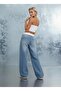 Snow Blue Elastic Waist Lace-Up Jeans Denim Loose Jean Palazzo Comfortable Fit Lycra-Free Trousers - 3