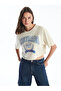 Xside Beige Crew Neck Printed Short Sleeve Oversize Women's Crop