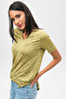 Women's Pistachio Green Long Slit Textured V-Neck Basic T-Shirt 650-2197120 - 2