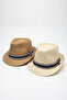 Marin Patterned Striped Summer Beige Straw Panama |   Men's Sun Protection and Beach Fedora Hat - 6