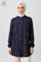 Women's Navy Blue Large Size Striped Patterned High Collar Hijab Tunic Shirt