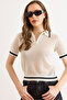 Women's Ecru Polo Collar Zippered Openwork Crop Knitwear Blouse Blz-19003320