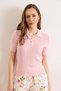 Women's Pink Polo Collar Sleeve and Hem Wavy Cotton Knitwear Blouse Blz-19003285 - 4