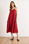 Women's Burgundy Adjustable Strap Midi Woven Bell Dress Elb-19002636 - 2
