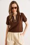 Women's Brown Polo Collar Color Striped Thin Knitwear Blouse Blz-19003322 - 2