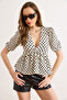 Women's White V-Neck Polka Dot Knitted Blouse Blz-19003314