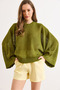 Women's Oil Green Crew Neck Openwork Loose Fit Seasonal Knitwear Blouse Blz-19003328 - 2