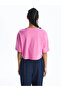 Xside Pink Crew Neck Printed Short Sleeve Oversize Women's Crop - 5