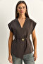 Women's Brown Stylish Buttoned Belted Woven Vest 11145 60283987