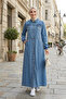Women's Buttoned Pocketed Ribbed Detailed Denim Blue Long Cap - 3