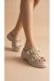 Double Buckle Detail High Wedge Heel Lu Suede Comfortable Women's Summer Slipper Sandals