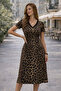 New Season Women's Short Sleeve V-Neck Leopard Patterned Midi Single Jersey Summer Dress