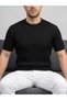 Men's Black Corded Fabric Knitwear Slim Fit T-Shirt - 3