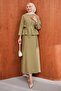 Khaki Zippered Eyelet Belted Jacket and Skirt Set - 4