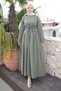 Green Front Skirt Pleated Waist-Tied Modal Woven Dress