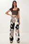 Patterned Draped Viscose Palazzo Trousers Lrn0036 Blue Beige