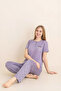 Women's Pajama Set-Violet Fabric-3 Buttons-Collar Printed-12606Sf - 2