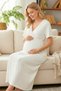 Double-Breasted Collar Ruffle Detailed Maternity Dressing Gown and Nightgown Set - Pink Piping Cotton Maternity Set - 3