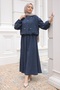 Navy Blue Jacket and Skirt Set with Elastic Sleeves and Waist and Stone Detailing
