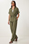 Belted Button Detailed Linen Top and Bottom Set Lby0055 Khaki - 2