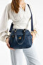 Women's Navy Blue Leather Multi-Compartment Column Strap Hand and Shoulder Use Zippered Daily Crossbody Bag - 2