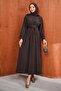 Brown Pleated Dress with Tie at the Waist