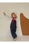 Girl's Cotton Heart Detailed Navy Blue Striped Salopet Jumpsuit and Shirt Set - 2