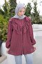 Burgundy Collar Detailed Striped Shirt with Elastic Sleeves - 4