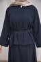 Dark Navy Blue Hidden Button Waist Belted Shirt Skirt Suit - 3