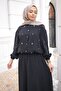 Black Jacket and Skirt Set with Elastic Sleeves and Waist and Stones - 3