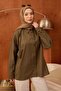 Khaki Buttoned Bat Sleeve Terry Cotton Shirt