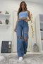 Aşk 90`S Lycra Loose Women's Medium Blue 3 Ripped Super High Waist Wide Leg Palazzo Jeans