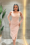 Full Lace Fabric Beaded Detailed Pencil Dress - Powder - 3