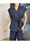 Sleeveless Oversize Lace-Up Cardigan & High Waist Pants Set - 3
