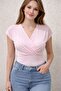 Women's Double Breasted Collar Draped Short Sleeve V-Neck Stretch Fabric Casual Stylish Blouse 202