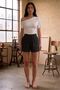 Women's Open-Shoulder Short-Sleeved Waist-Fitted White T-Shirt-Black Muslin Fabric Shorts Bottom-Top Set
