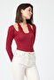 Burgundy Lace Tied Lycra Long Sleeve Women's Blouse - 5