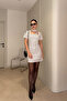 فستان منقط بياقة مربعة وربطة عنق - أبيض