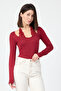 Burgundy Lace Tied Lycra Long Sleeve Women's Blouse