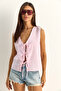 Women's White Pink 100% Cotton Thick Strap Striped Peplum Blouse with Front Tie Detail 60282045 - 4