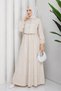 Women's Beige Shirt Detailed Maxi Length Striped Hijab Dress Nbft011