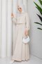 Women's Beige Shirt Detailed Maxi Length Striped Hijab Dress Nbft011 - 2