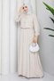 Women's Beige Shirt Detailed Maxi Length Striped Hijab Dress Nbft011 - 3