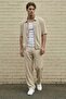 Men's Crepe Fabric Beige Relaxed Fit Double Zipper Short Sleeve Jacket & Pants Bottom Top Set Ls-0265