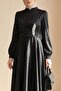 Draped Front Satin Dress with Stone Detail - Black - 3