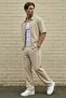 Men's Crepe Fabric Beige Relaxed Fit Double Zipper Short Sleeve Jacket & Pants Bottom Top Set Ls-0265 - 5